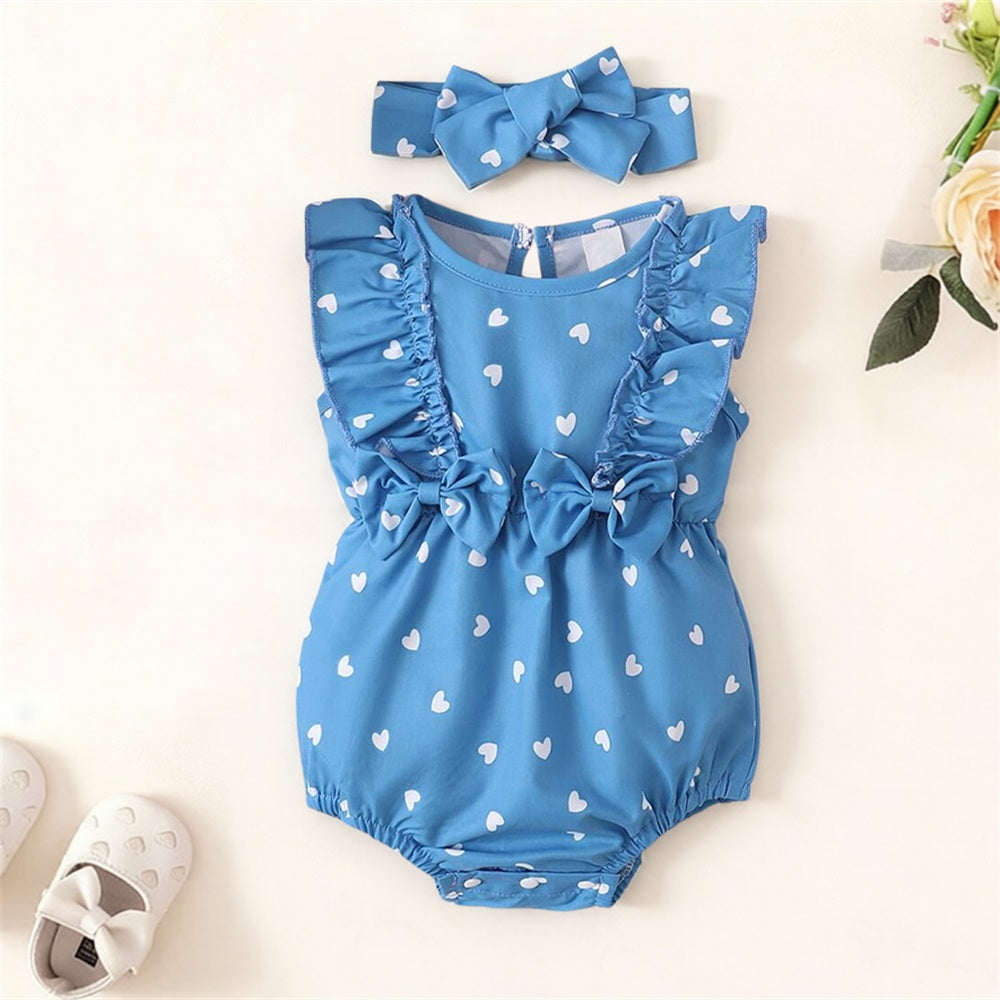 2PCS Sweet Heart Print Flutter Sleeve Baby Girl Romper