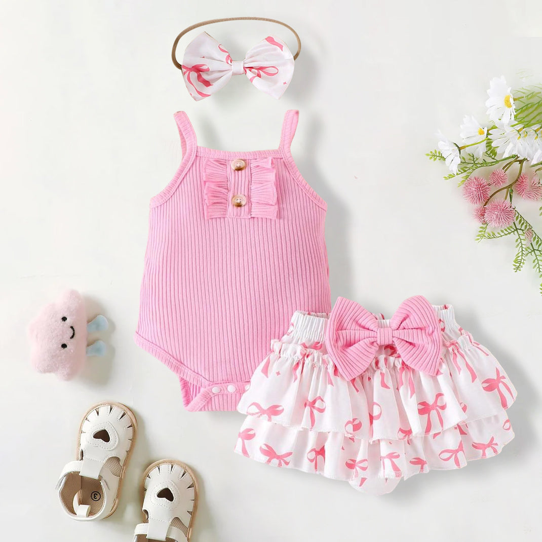 3PCS Sweet Cute Bow Printed Sleeveless Baby Romper Set