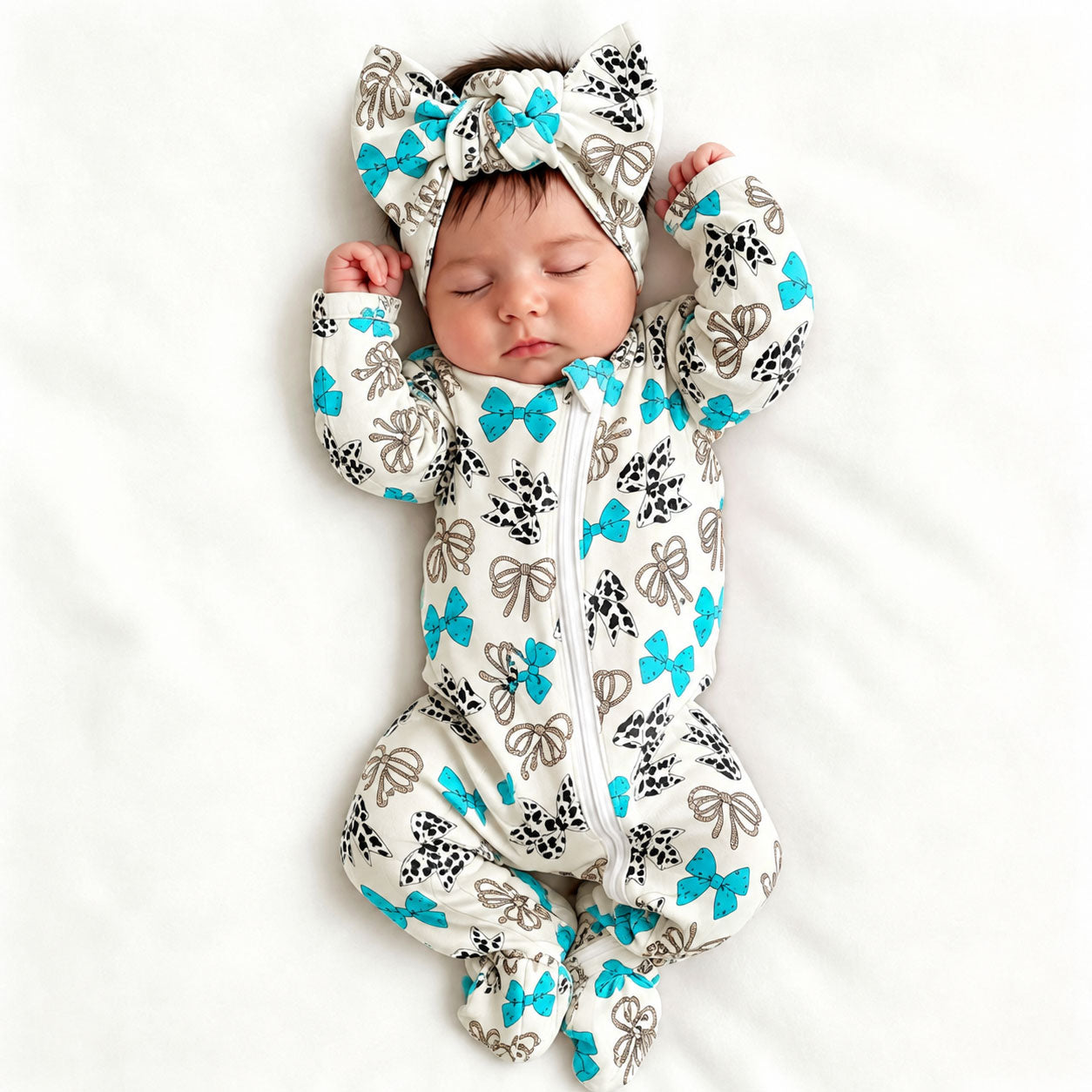 2PCS Refined Bow Printed Zipper Long Sleeve Baby Jumpsuit