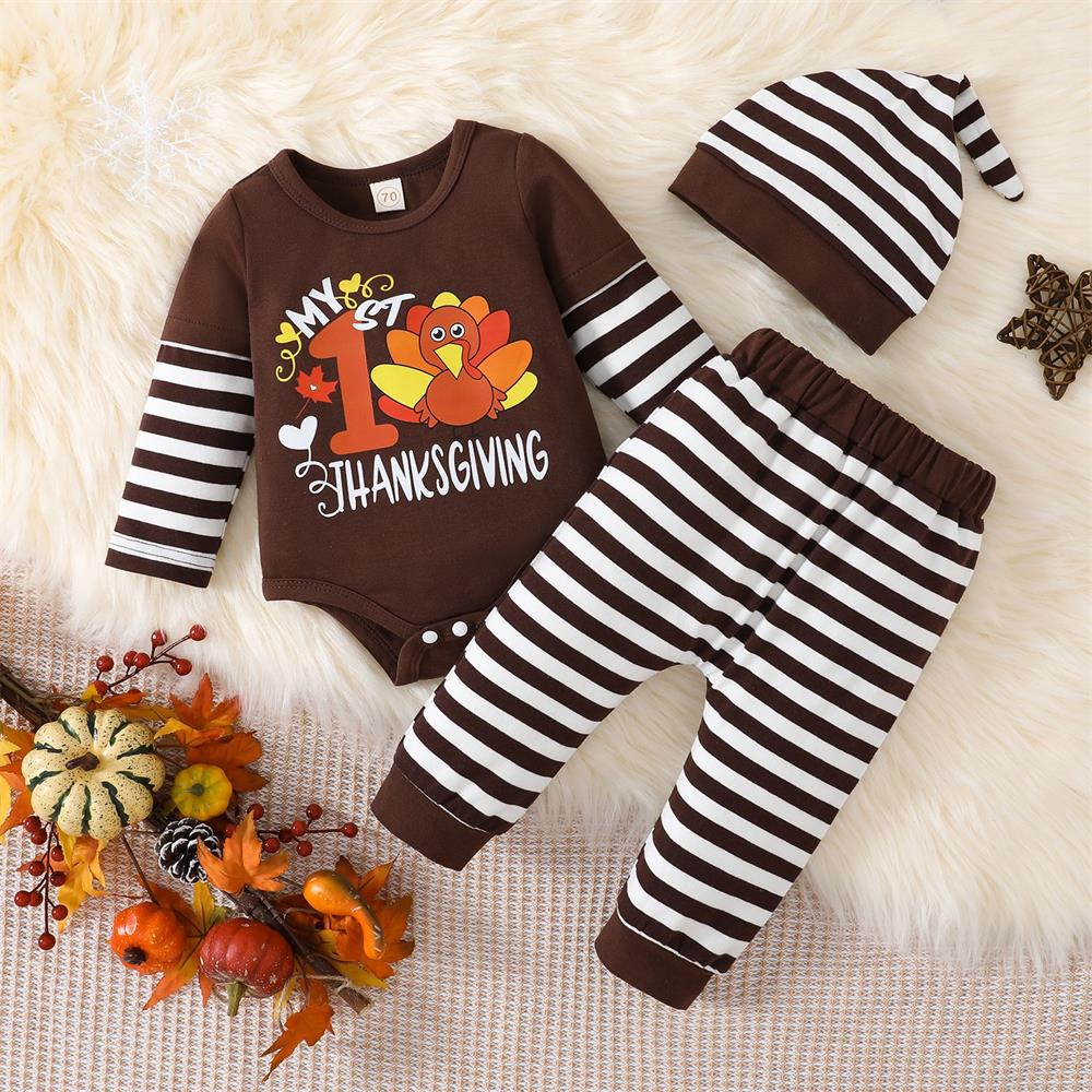3PCS My 1st Thanksgiving Letter Printed Striped Baby Set