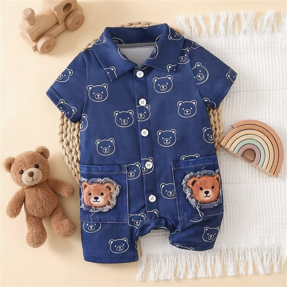 Cute Bear Printed Denim Short Sleeve Baby Jumpsuit