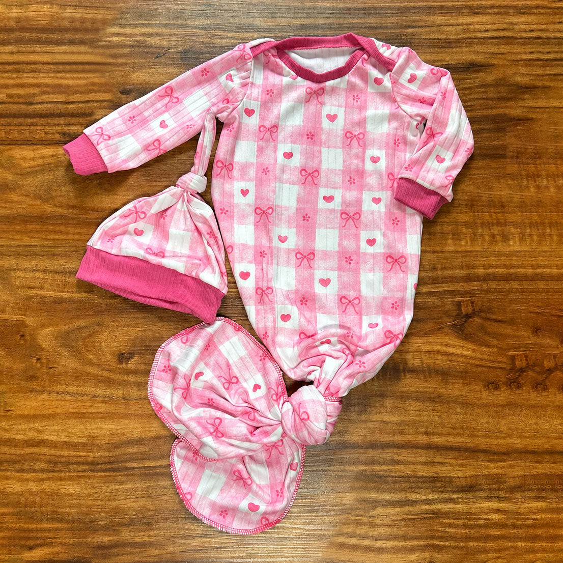 2PCS Sweet Bow and Plaid Printed NewBorn Knotted Baby Gown