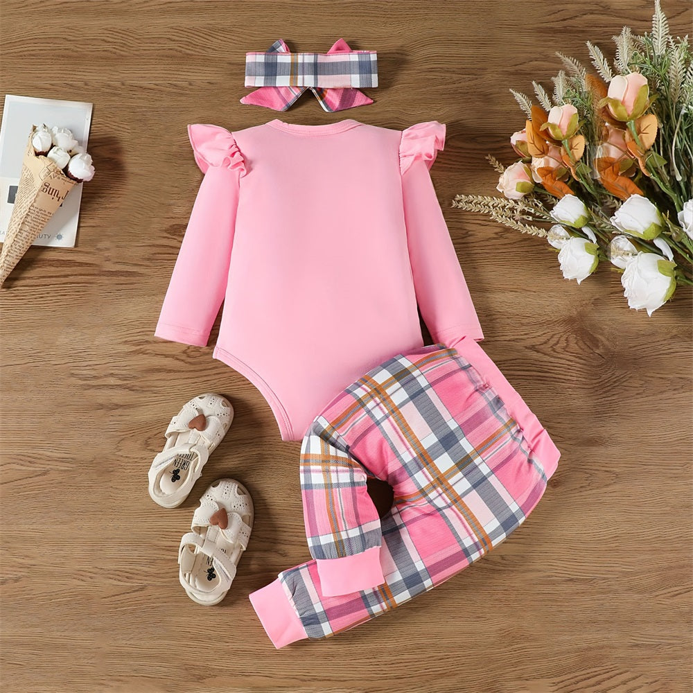 3PCS Mama Is My Bestie Letter Print Plaid Baby Set