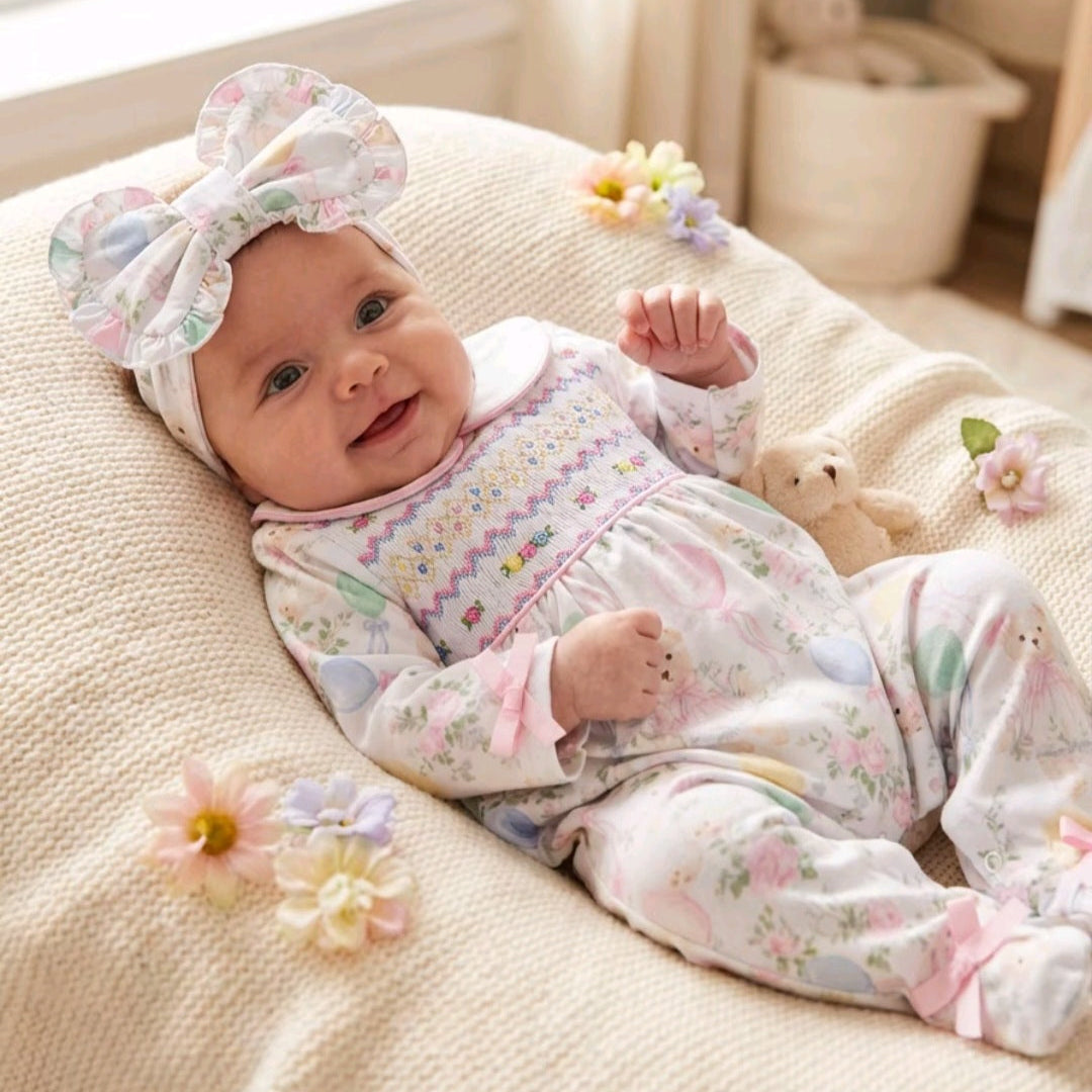 2PCS Lovely Teddy Bear & Balloon Print Long Sleeve Baby Jumpsuit