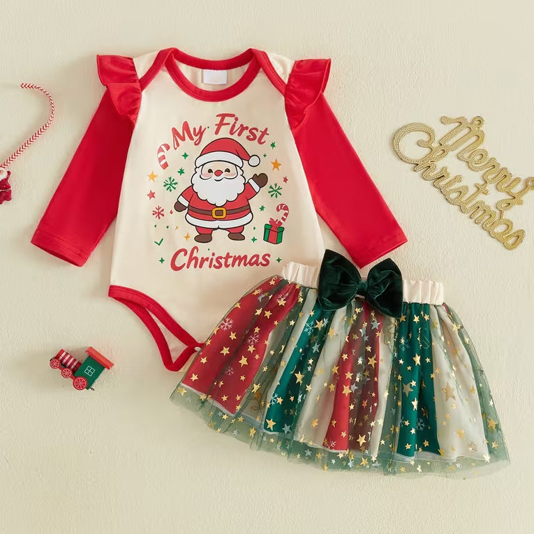 2PCS Sweet My First Christmas Letter Santa Print Tulle Baby Girl Set