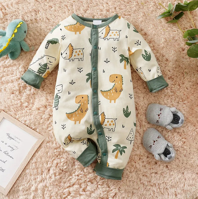 Cute Cartoon Dinosaur Allover Printed Long Sleeve Baby Jumpsuit