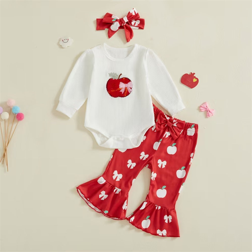 3PCS Apple and Bow Print Long Sleeve Baby Set