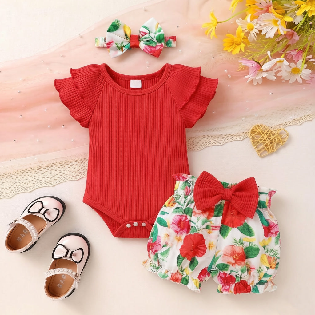 3PCS Vibrant Floral Print Flounce Sleeve Baby Set