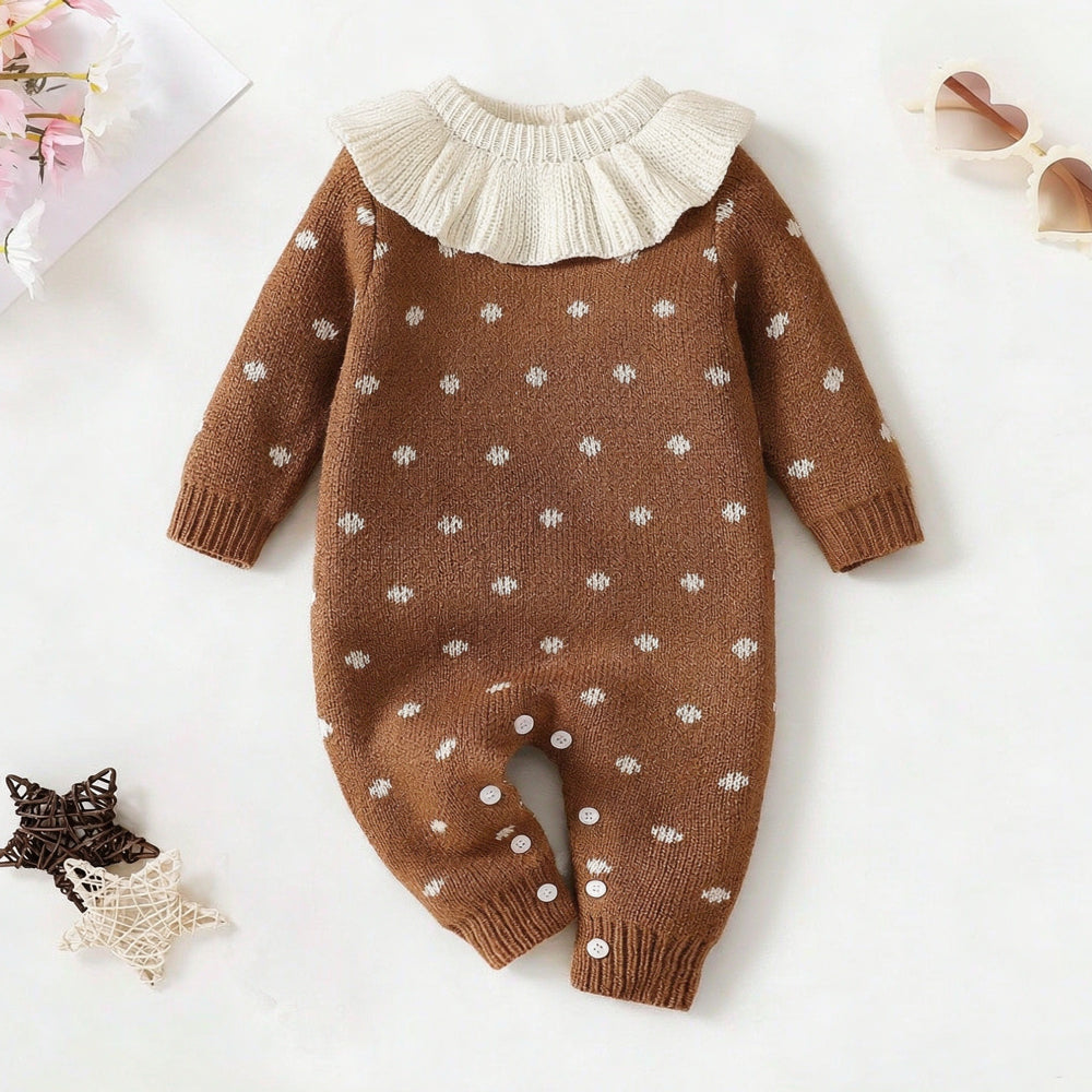 Vintage Ruffle Collar Polka Dot Print Long Sleeve Knit Baby Jumpsuit