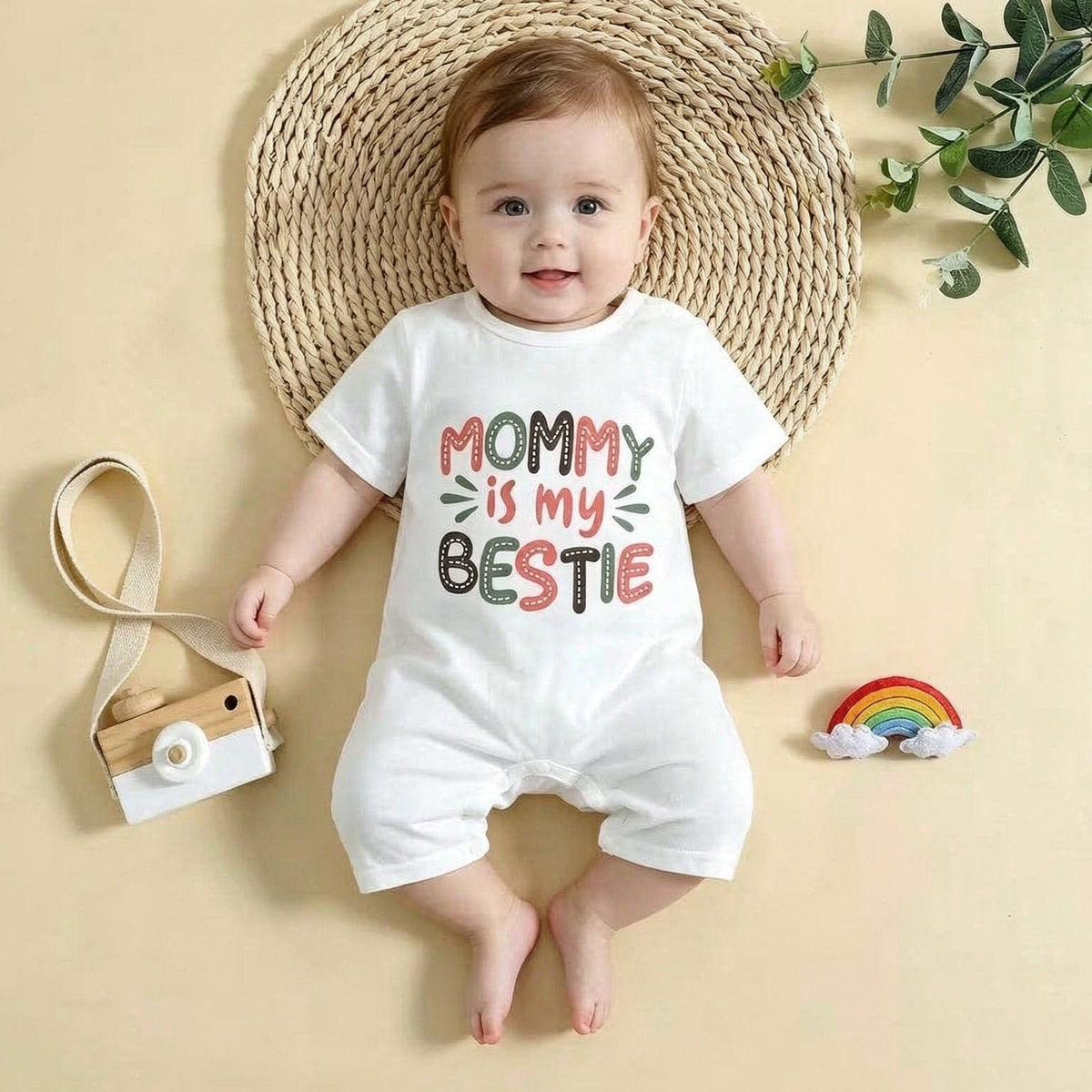 Casual Mommy is My Bestie Letter Printed Short Sleeve Baby Jumpsuit