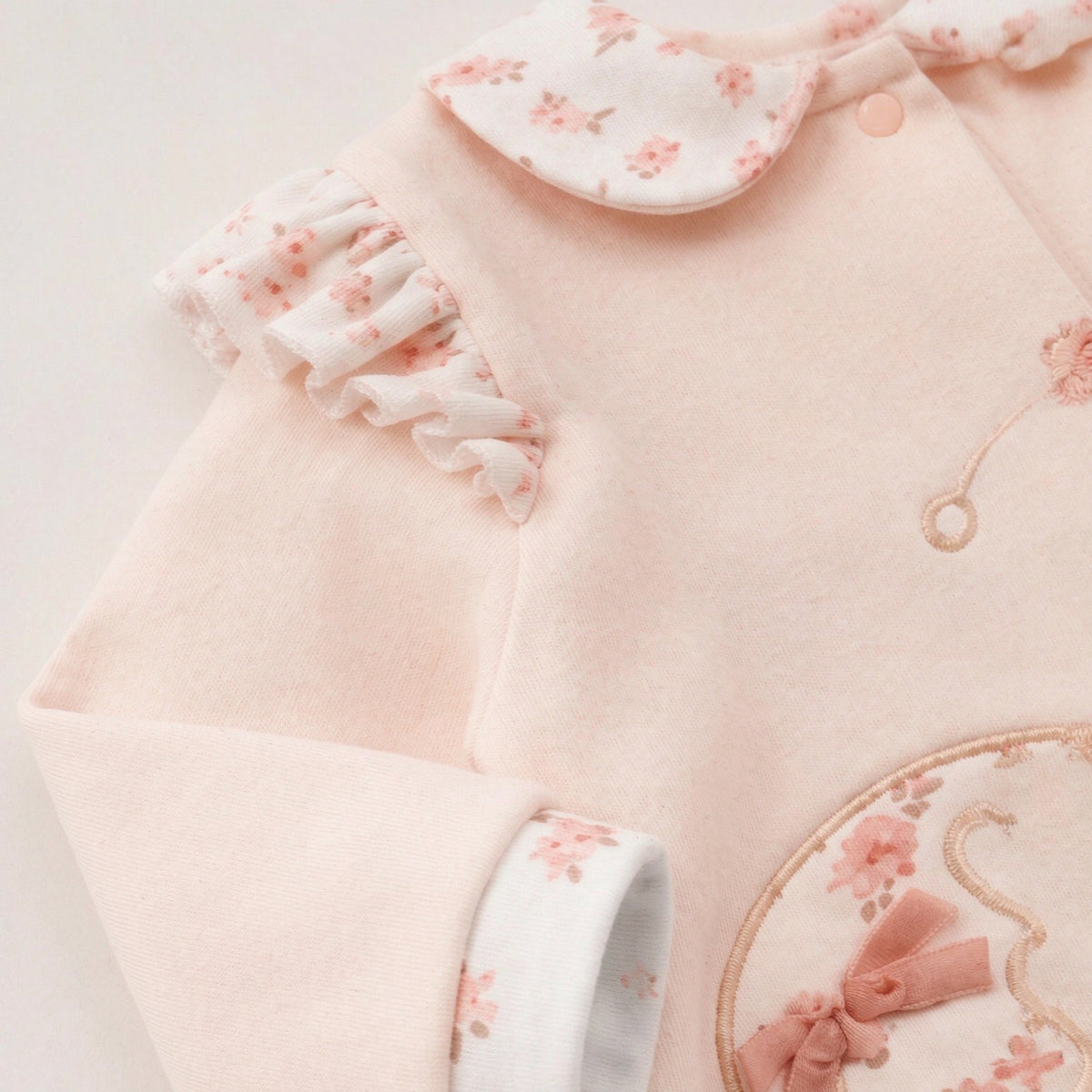 2PCS Cute Puppy Embroidery Floral Printed Long Sleeve Baby Jumpsuit