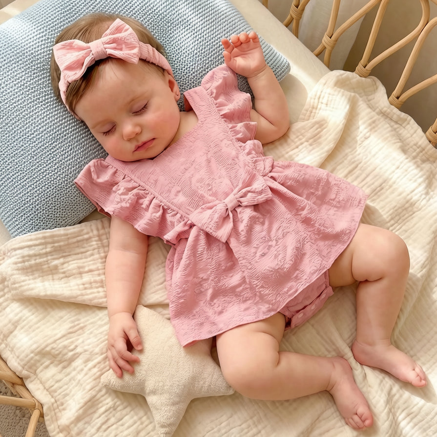 2PCS Cozy Solid Color Bowknot Flutter Sleeve Baby Romper