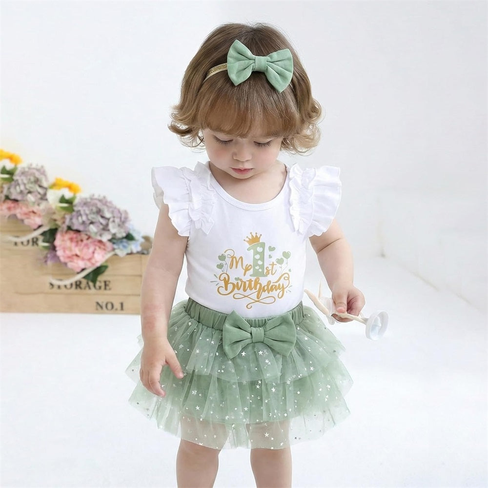 3PCS My 1st Birthday Letter Print Sleeveless Mesh Skirt Baby Set