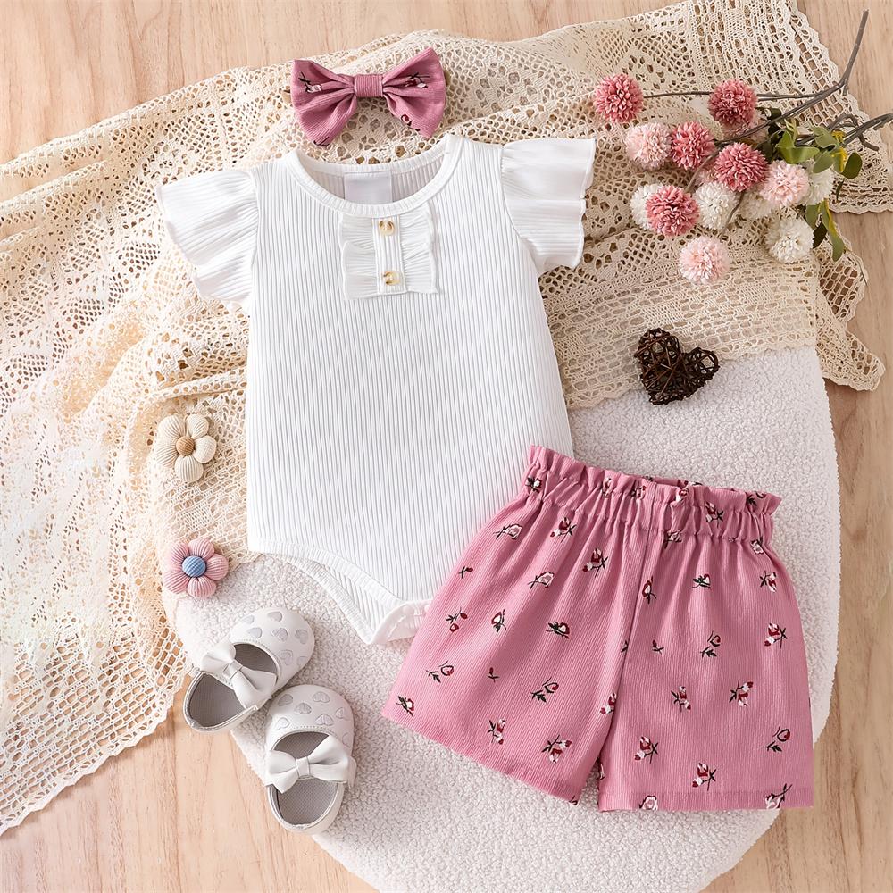 3PCS Sweet Ditsy Floral Print Flutter Sleeve Baby Girl Set