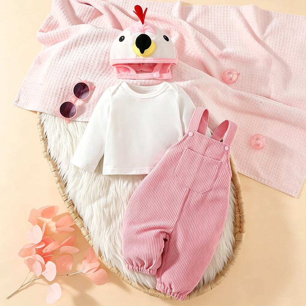3PCS Cute Flamingo Hat Long Sleeve Baby Girl Corduroy Overalls Set