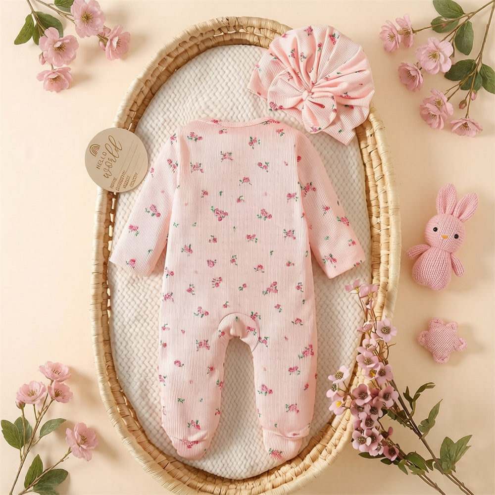 2PCS Delightful Floral Printed Ruffle Zipper Baby Jumpsuit