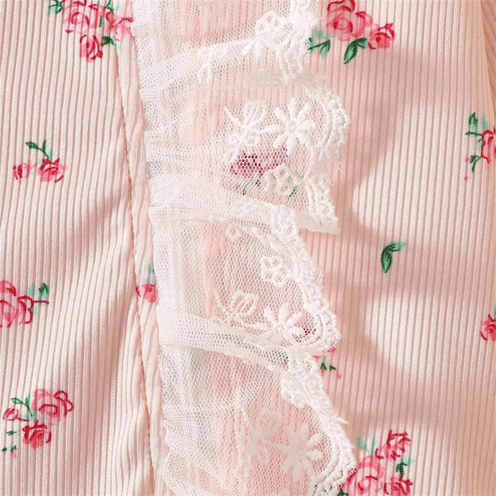 2PCS Delightful Floral Printed Ruffle Zipper Baby Jumpsuit