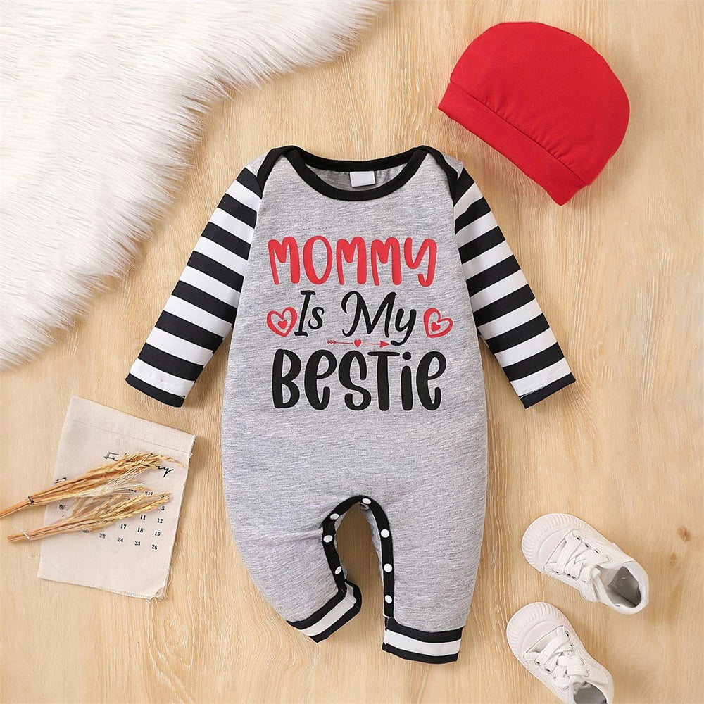 2PCS Mommy Is My Bestie Letter Print Striped Baby Jumpsuit