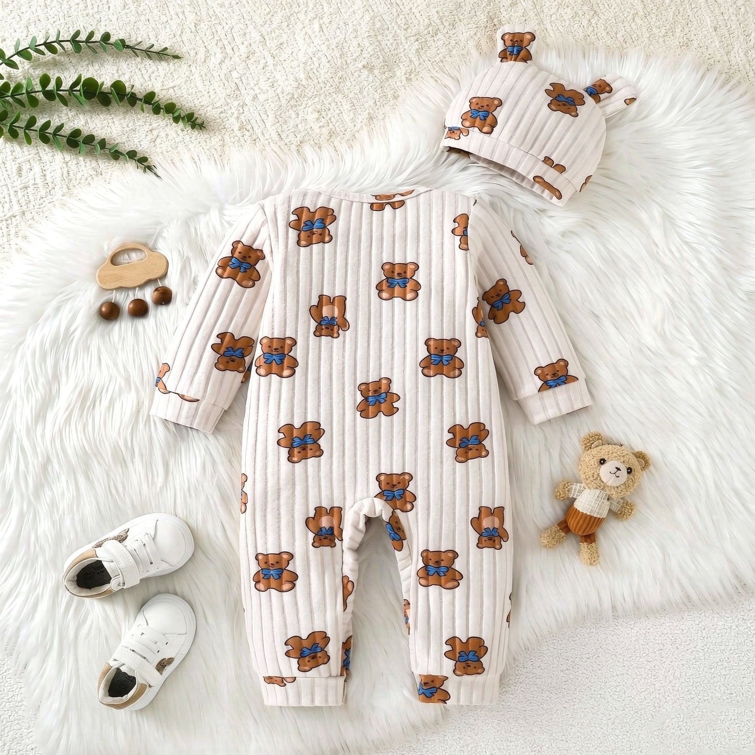 2PCS Bubbly Teddy Bear Print Long Sleeve Baby Jumpsuit