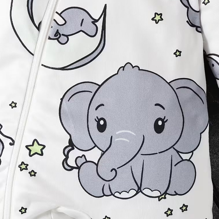Lovely Elephant Stars Print Long Sleeve Zipper Baby Jumpsuit