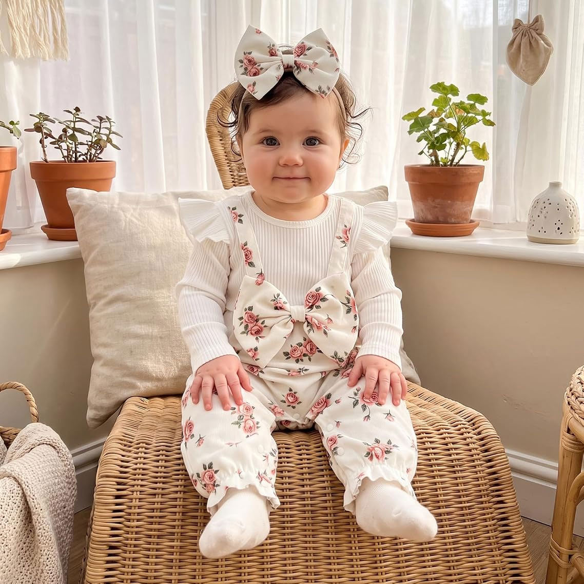 2PCS Exquisite Floral Print Ruffle Decor Long Sleeve Baby Jumpsuit