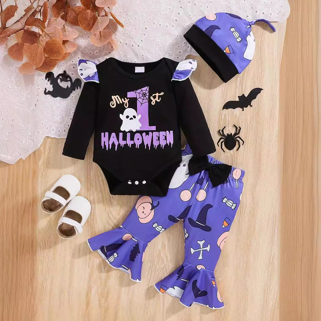 3PCS Halloween Ghost Printed Long Sleeve Baby Set