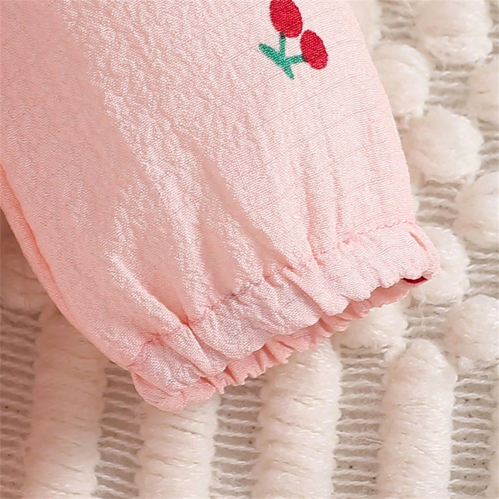 2PCS Cute Cherry Printed Bow Long Sleeve Baby Jumpsuit