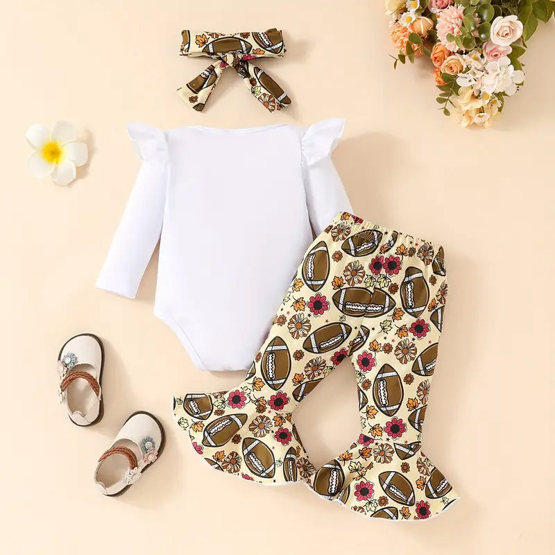 3PCS Game Day Letter Football and Floral Printed Long Sleeve Baby Set