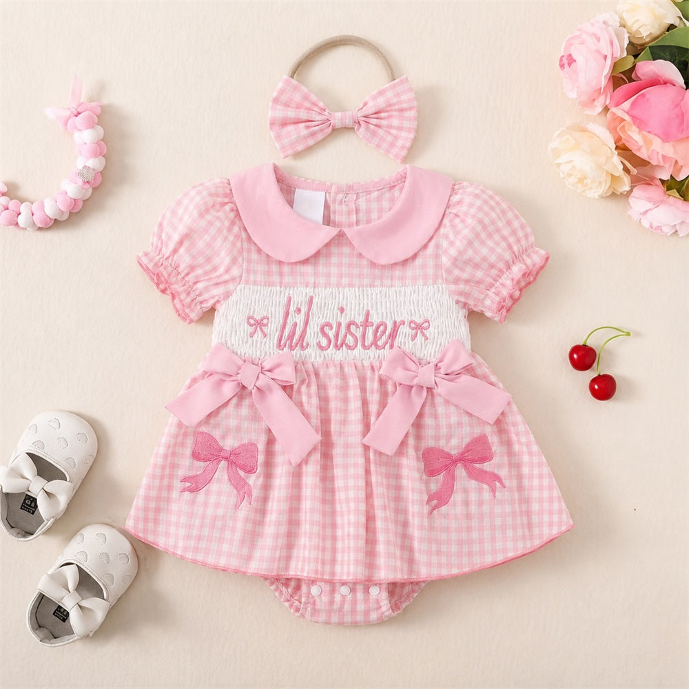 2PCS Lil Sister Letter Embroidery Plaid Short Sleeve Baby Romper