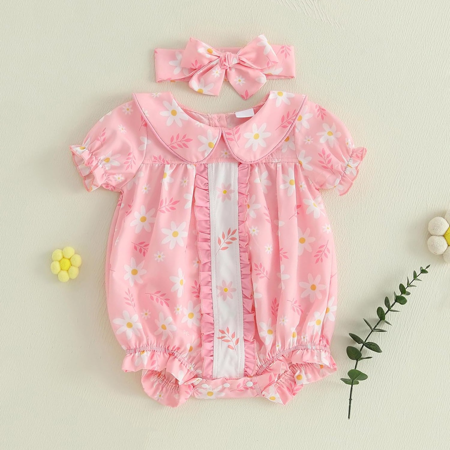 2PCS Smocked Floral Short Sleeve Peter Pan Collar Bubble Romper