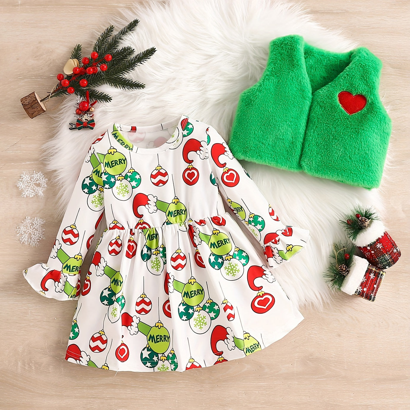 2PCS Trumpet Sleeve Christmas Printed Dress Plush Coat Baby Set
