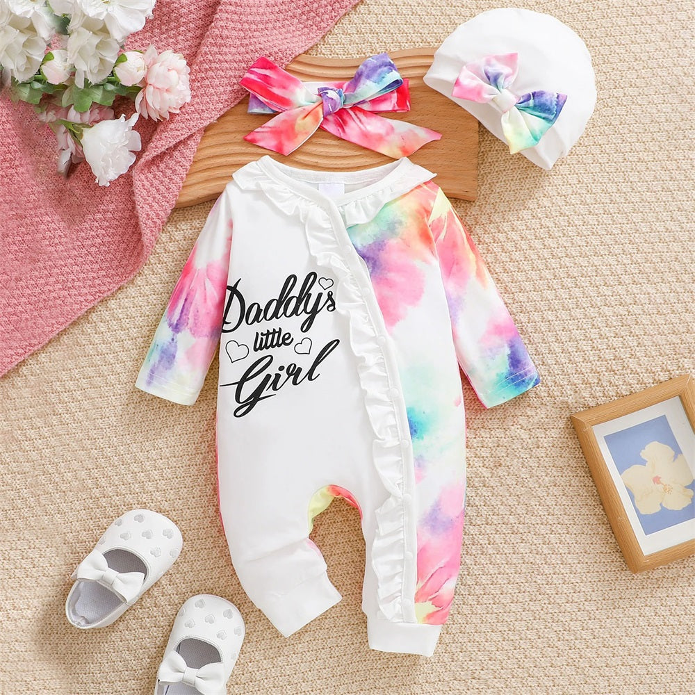 3PCS Daddy's Little Girl Letter Print Long Sleeve Baby Jumpsuit