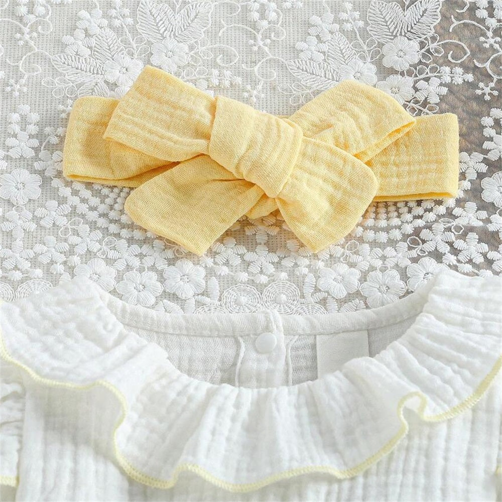 2PCS Ruffle Collar Long Sleeve Patchwork Yellow Bow Baby Jumpsuit