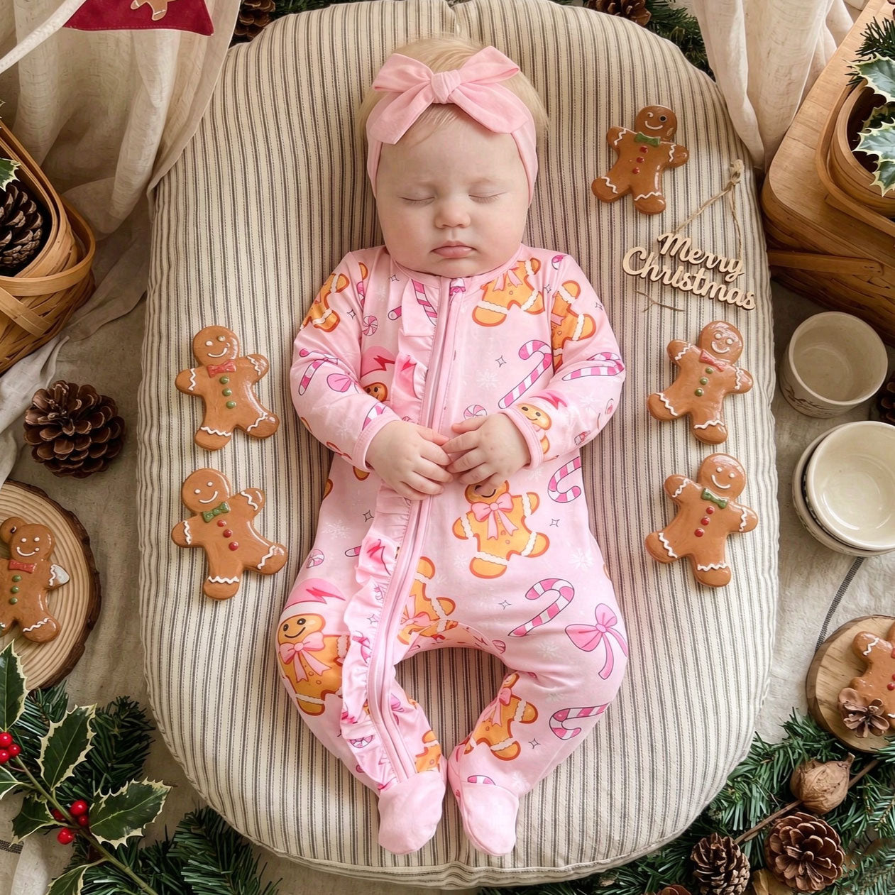 2PCS Christmas Gingerbread Print Long Sleeve Ruffle Zipper Baby Jumpsuit