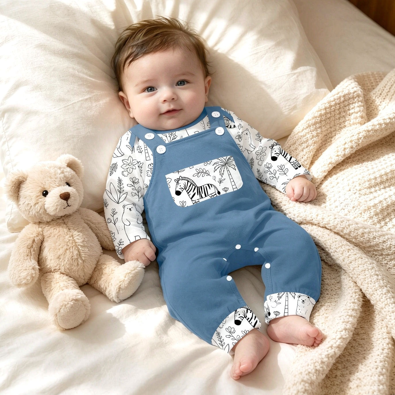 2PCS Cute Animal Print Long Sleeve Overalls Baby Boy Set