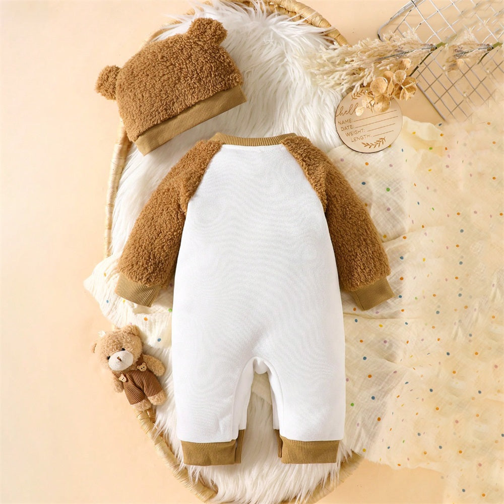 2PCS Cute Plush Bear Print Long Sleeve Baby Jumpsuit
