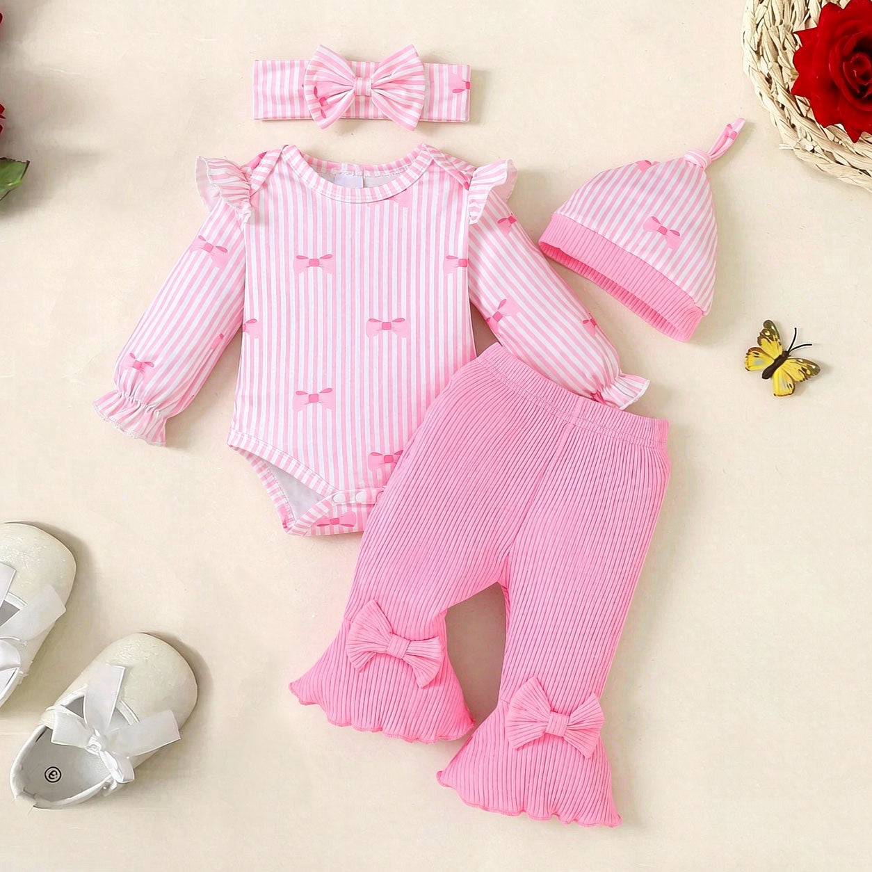 4PCS Lovely Bow Stripe Print Long Sleeve Baby Set