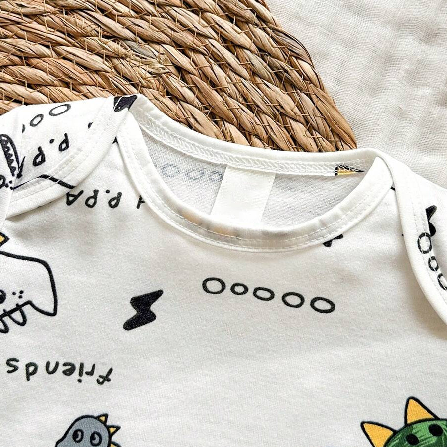 3PCS Cute Wild Paw Letter Dinosaur Print Short Sleeve Baby Boy Set