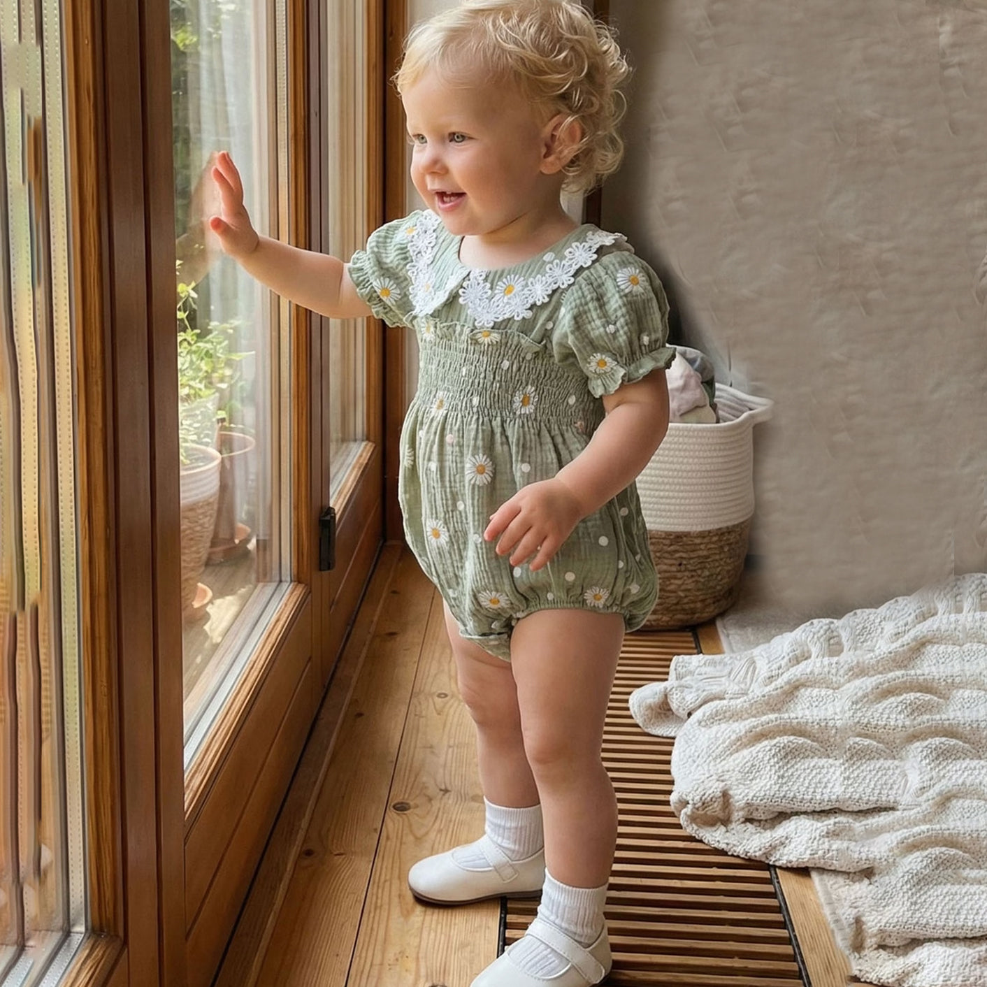 Graceful Daisy Printed Short Sleeve Baby Romper