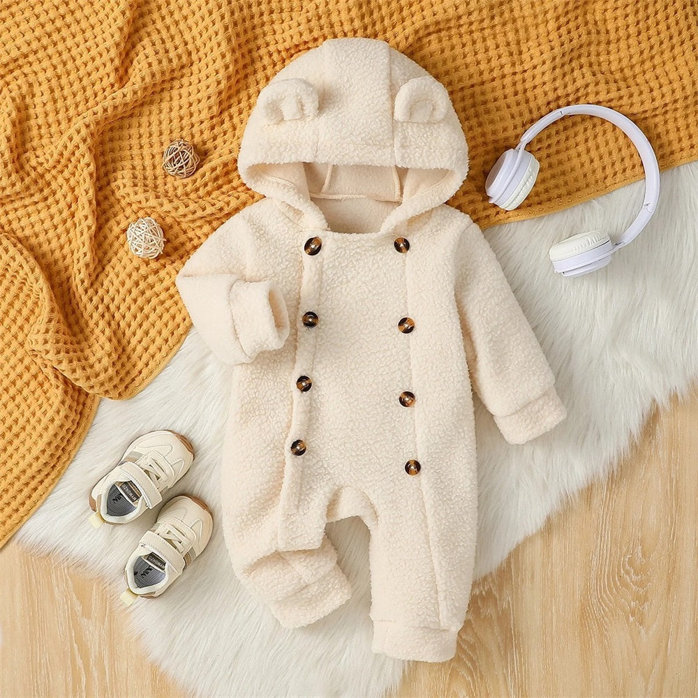 Comfy Solid Color Fleece Long Sleeve Baby Hooded Jumpsuit