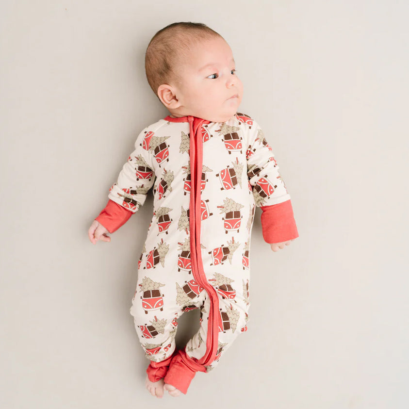 Cute Christmas Car and Tree Printed Long Sleeve Zipper Baby Jumpsuit