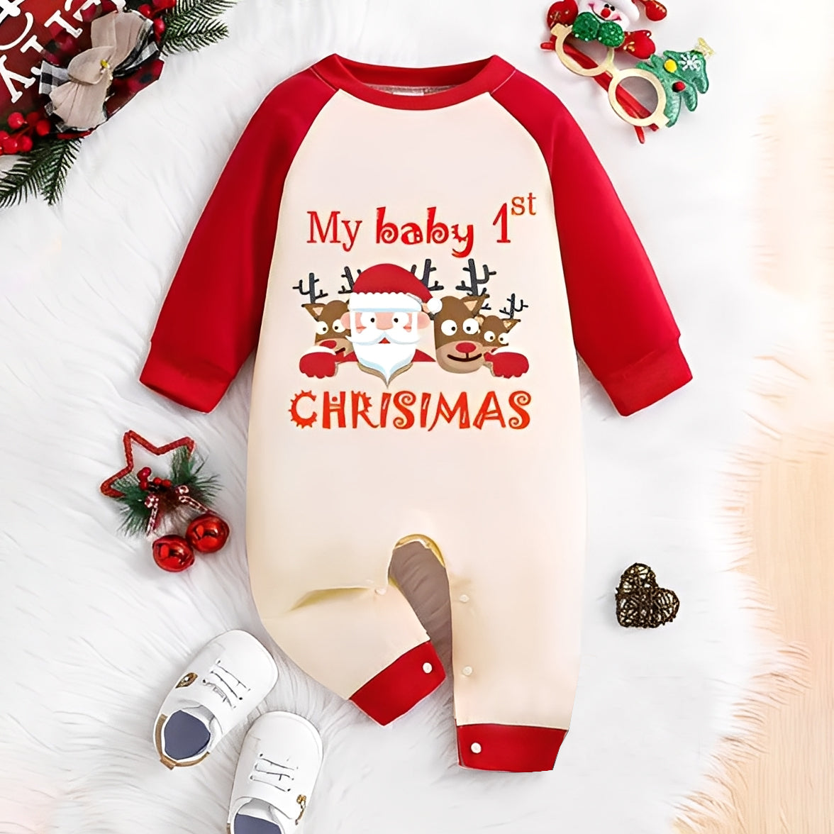 My Baby 1st Christmas Letter Santa Claus Printed Baby Jumpsuit