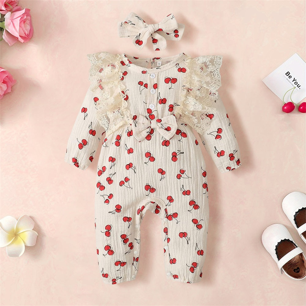 2PCS Cherry Print Lace Trim Long Sleeve Baby Jumpsuit