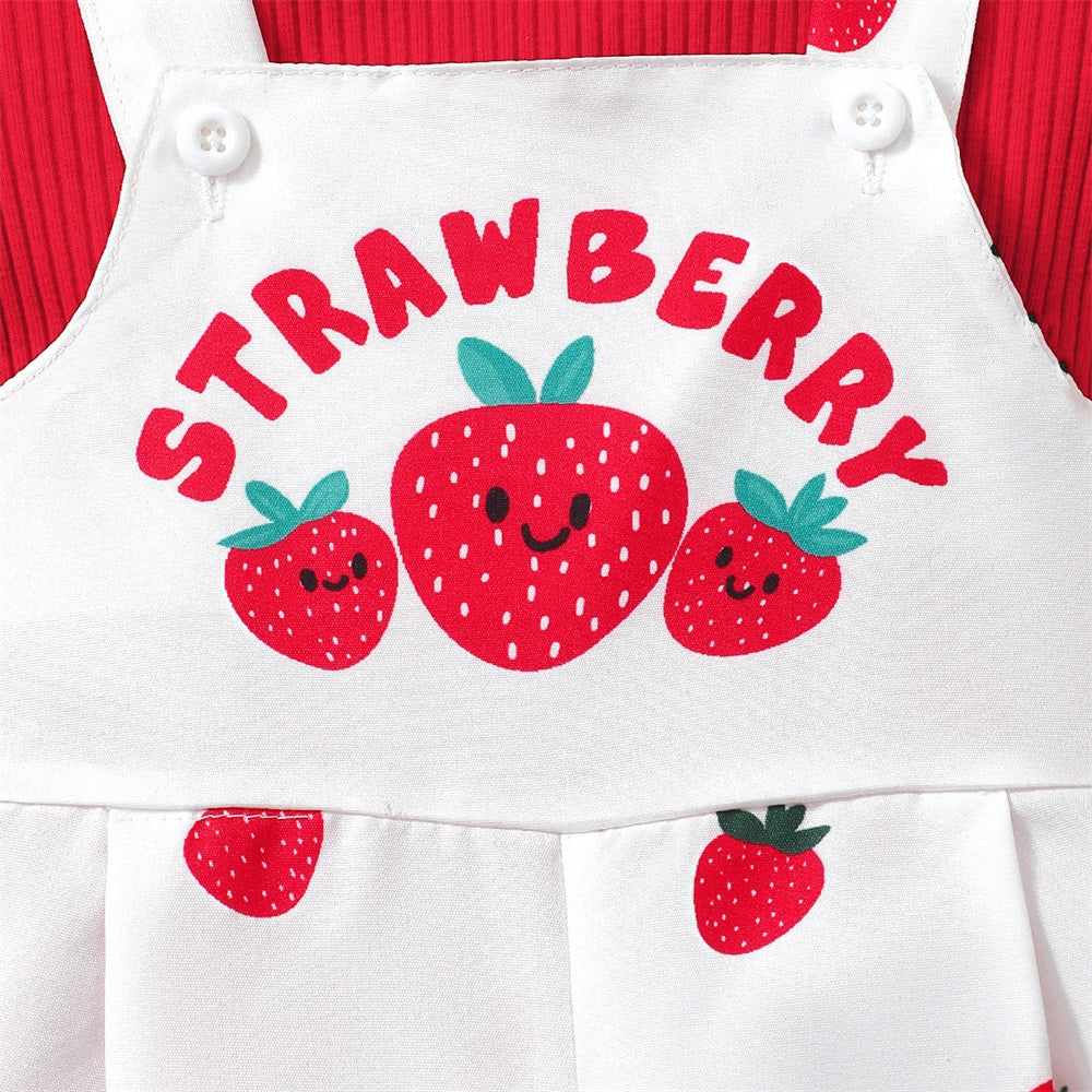 3PCS Adorable Strawberry Printed Short Sleeve Baby Overalls Set