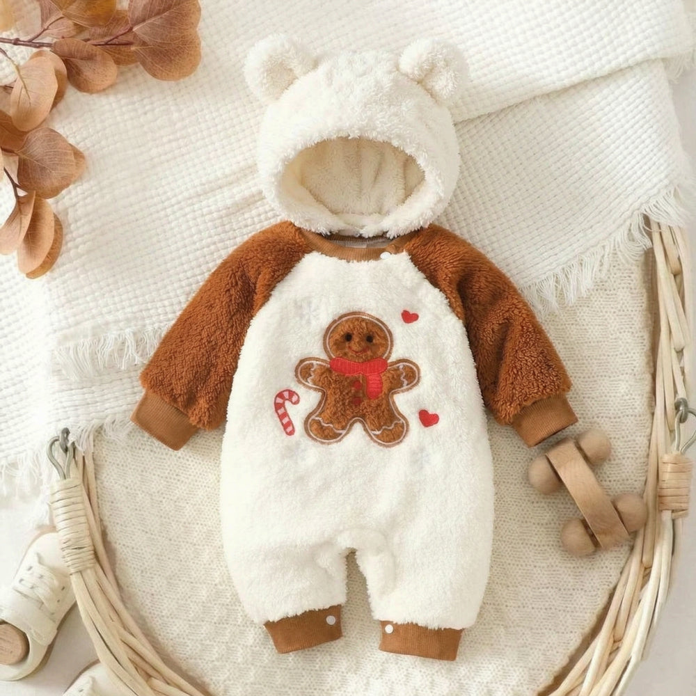 2PCS Lovely Gingerbread Cane Candy Embroidered Fleece Baby Jumpsuit