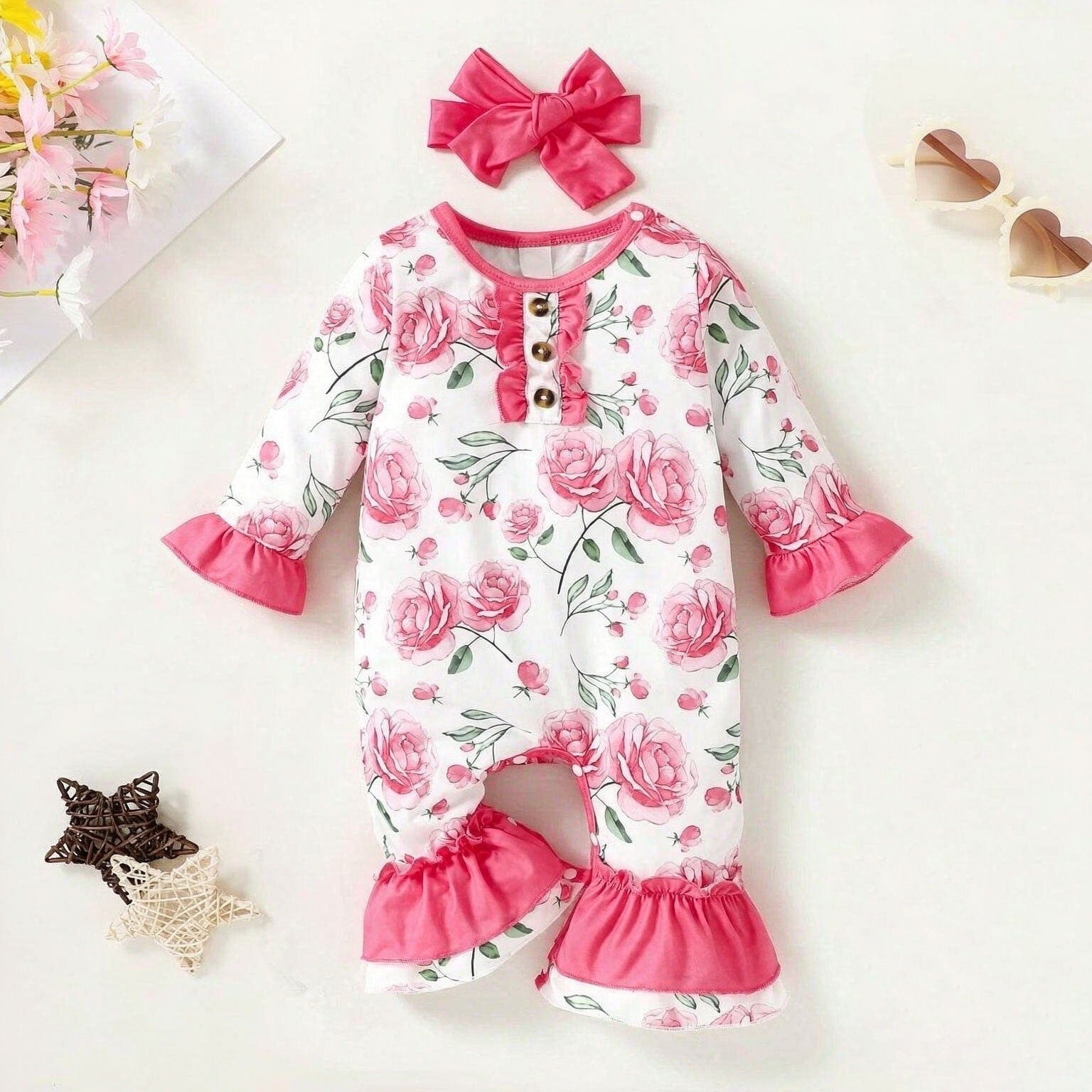 2PCS Pretty Allover Floral Printed Long Sleeve Baby Jumpsuit