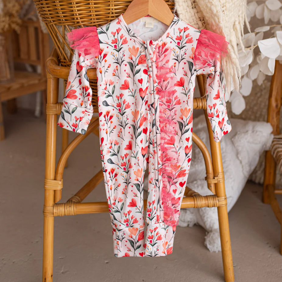 2PCS Vibrant Floral Print Tulle Zipper Long Sleeve Baby Jumpsuit