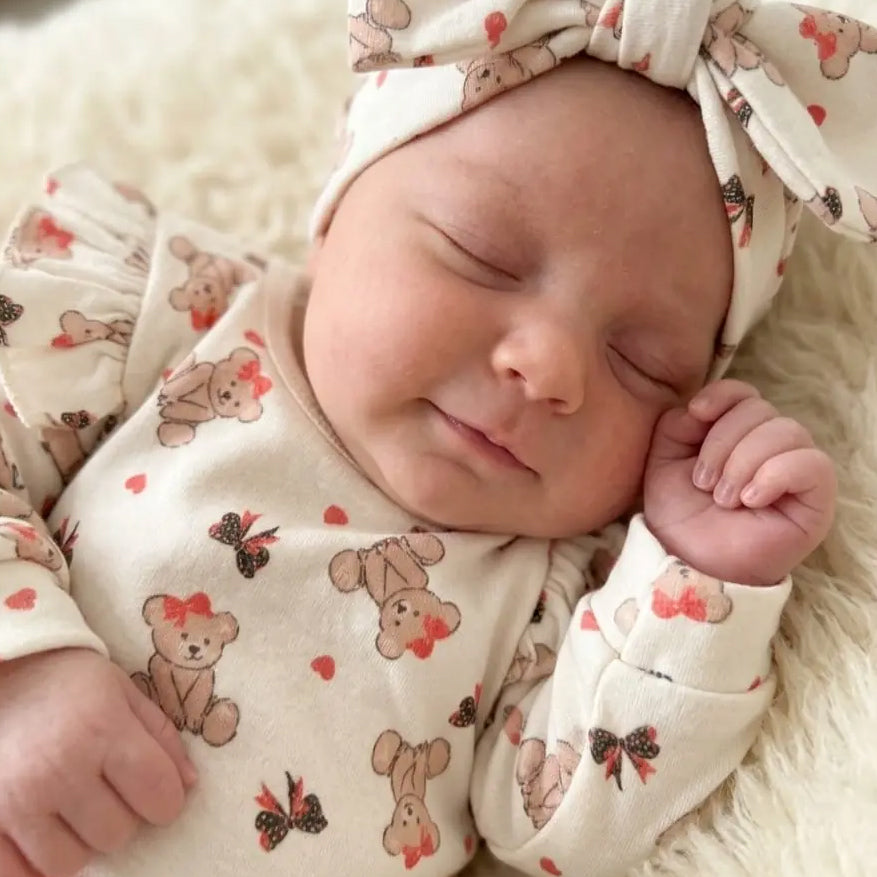 2PCS Classic Bear Print Long Sleeve Baby Jumpsuit