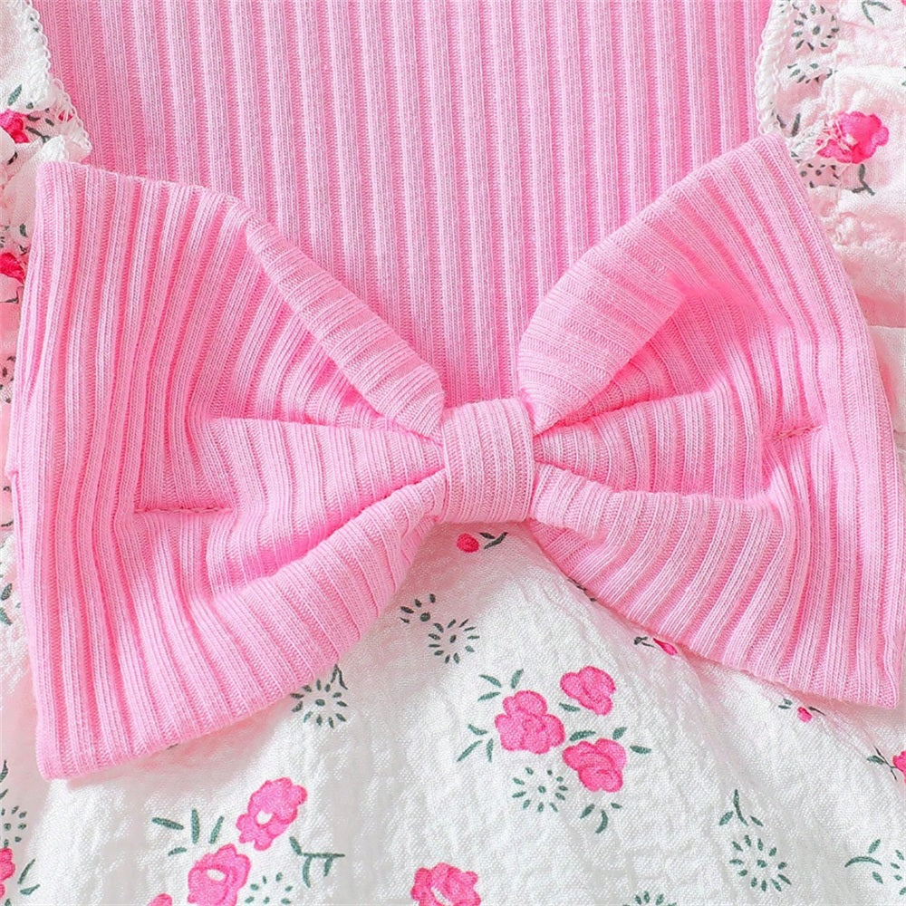 2PCS Sweet Floral Printed Bow Short Sleeve Baby Romper