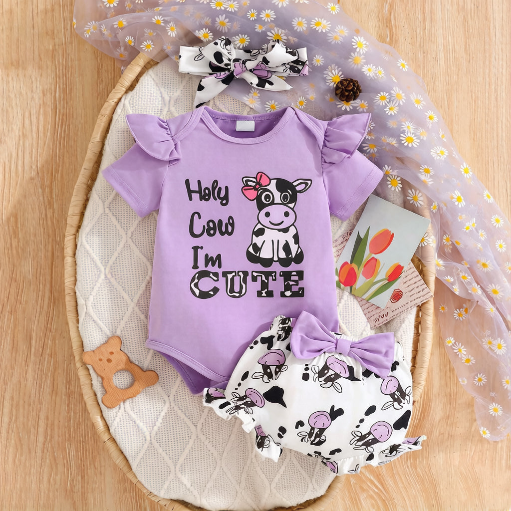 3PCS Holy Cow I'm Cute Letter Cow Print Short Sleeve Baby Set